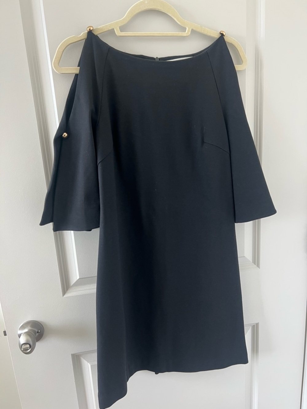 Trina Turk Black Boat Neck Shift Dress with Gold Button Details